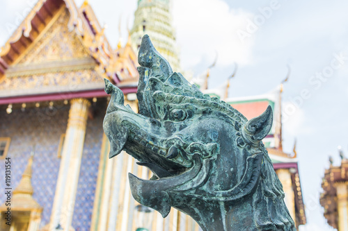 Imaginary sculptures of animals are found in the Temple of the Emerald Buddha Bangkok, Thailand country.