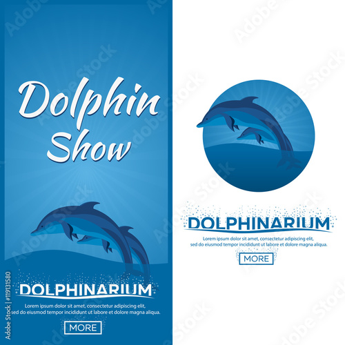Dolphinarium. Dolphin show. Set Banners. Ticket. Vector flat illustration.