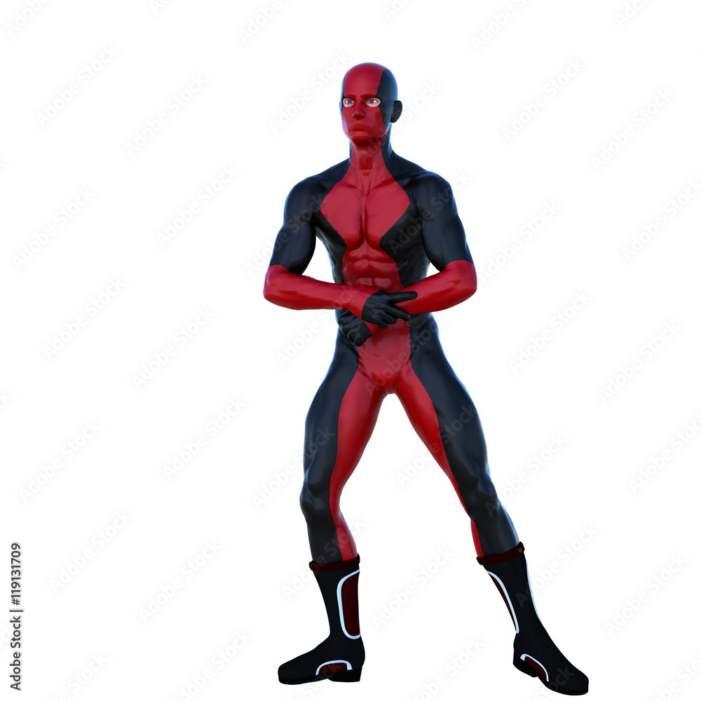 one young superhero man with muscles in red black super suit. He stands in the pose of a bodybuilder and posing showing his body one young superhero man with muscles in red black super suit. He stands in the pose of a bodybuilder and posing showing his body