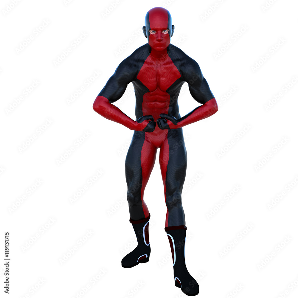 one young superhero man with muscles in red black super suit. He stands in the pose of a bodybuilder posing and showing their pectoral muscles