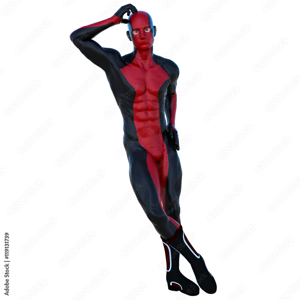 one young superhero man with muscles in red black super suit. He stands  leaning his right elbow against the wall Stock Illustration | Adobe Stock