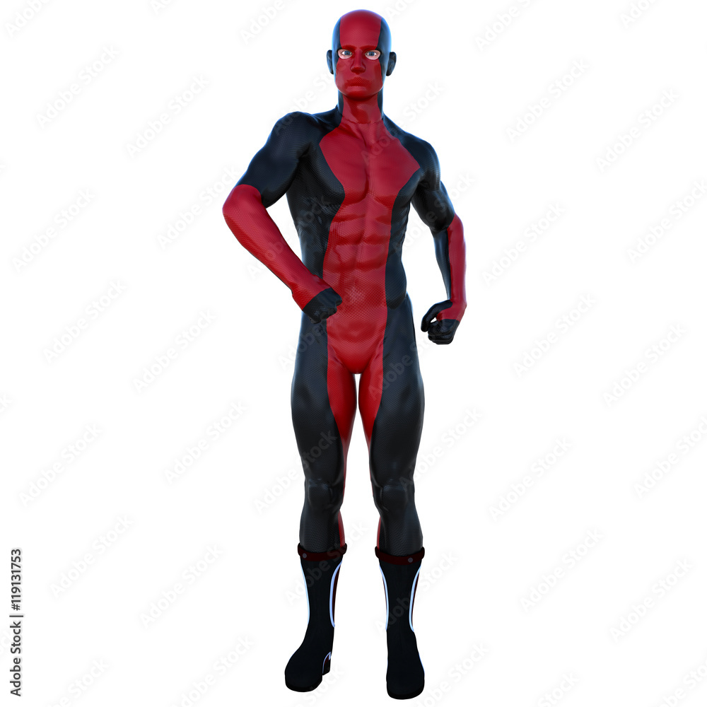 one young superhero man with muscles in red black super suit. He stands with a flat back and shows the muscles of the right hand