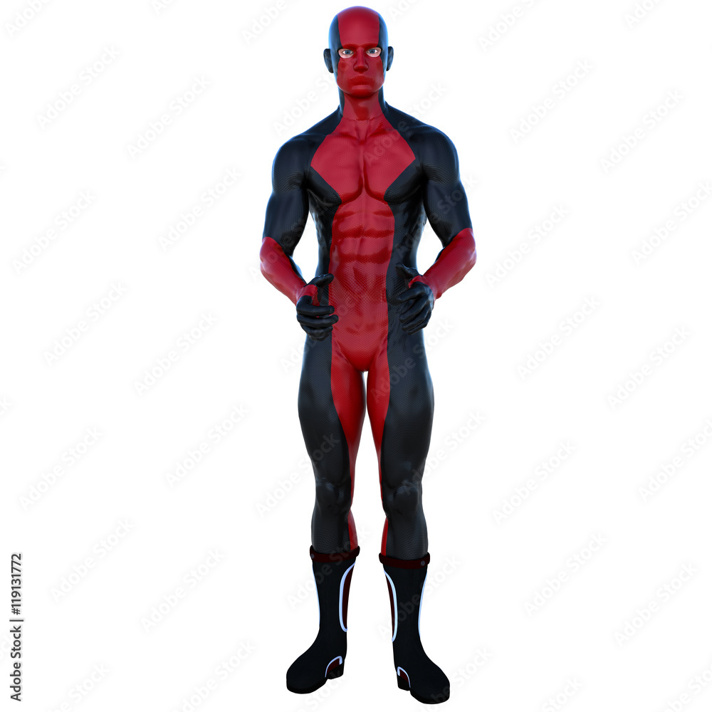 one young superhero man with muscles in red black super suit. He stands with a straight posture and hold the ball one young superhero man with muscles in red black super suit. He stands with a straight posture and hold the ball