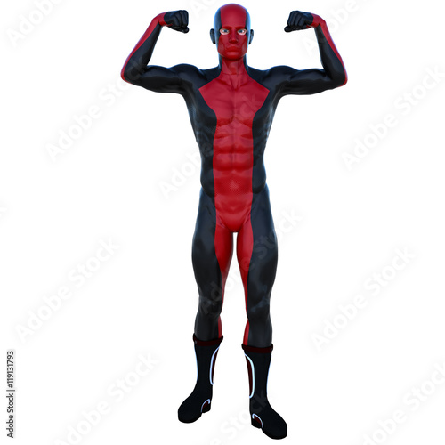 one young superhero man with muscles in red black super suit. He stands with a straight posture and shows his muscles on the hands