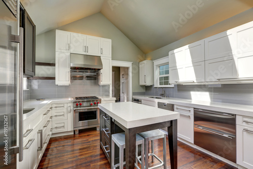 Modern style kitchen interior with brown and white cabinets