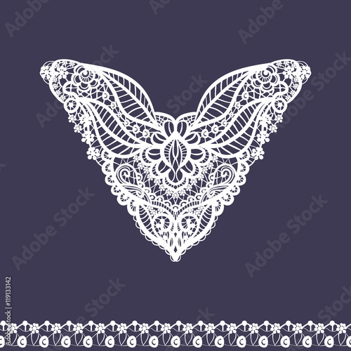 Vector floral neckline and lace border design for fashion. Flowers and leaves neck print. Chest lace embellishment