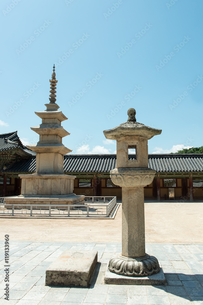 Gyeongju, South Korea - August 18, 2016: The stone pagoda Seokgatap in Bulguksa temple, South Korea. Gyeongju, South Korea - August 18, 2016: The stone pagoda Seokgatap in Bulguksa temple, South Korea.