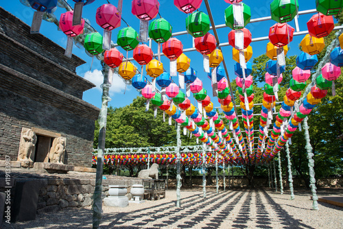 Gyeongju, South Korea - August 18, 2016: Hundreds of lanterns hanging out of the Bunhwangsa temple in South Korea. photo