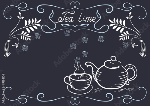 Design elements signboard for cafe with ornament, tea cup, kettl