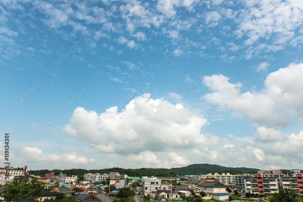 South Korea's Gyeongju, blue sky with cloud and city South Korea's Gyeongju, blue sky with cloud and city