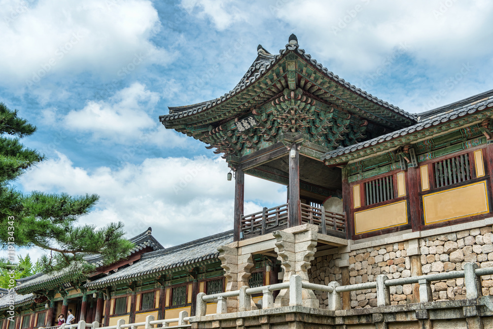 Gyeongju, South Korea - August 18, 2016: Bulguksa Temple is one of the most famous Buddhist temples in all of South Korea and a UNESCO World Heritage Site. Gyeongju, South Korea - August 18, 2016: Bulguksa Temple is one of the most famous Buddhist temples in all of South Korea and a UNESCO World Heritage Site.