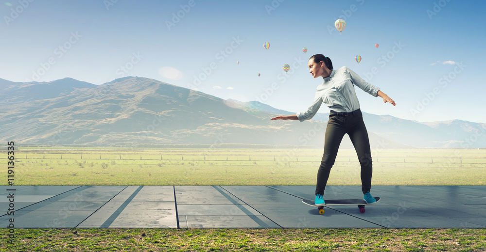 Girl ride skateboard . Mixed media