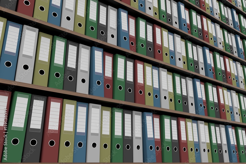 Multiple office binders on shelves. 3D rendering Multiple office binders on shelves. 3D rendering