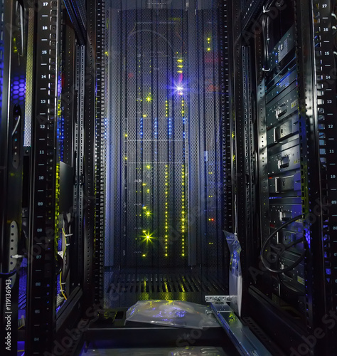 inside view of empty rack modern supercomputer data center