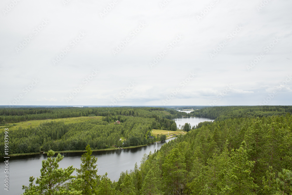 A view from high. An image of a Finnish landscape from the top of the hill. Dramatic clouds are in the sky.