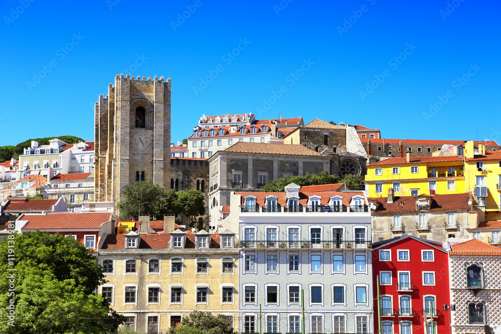 Beautiful cityscape with Cathedral in Lisbon, Alfama. Portugal
