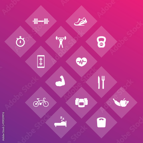 14 fitness, gym icons, exercise, training pictograms, vector illustration