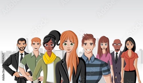 Group of business cartoon young people in the city 
