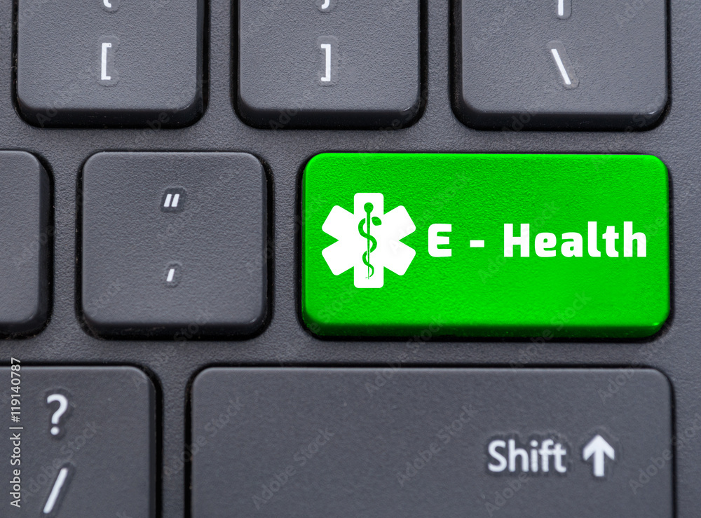 E-health green button on keyboard concept E-health green button on keyboard concept