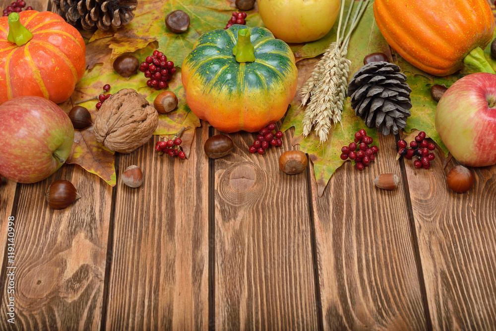 Autumn leaves, apples, pumpkins and nuts Autumn leaves, apples, pumpkins and nuts