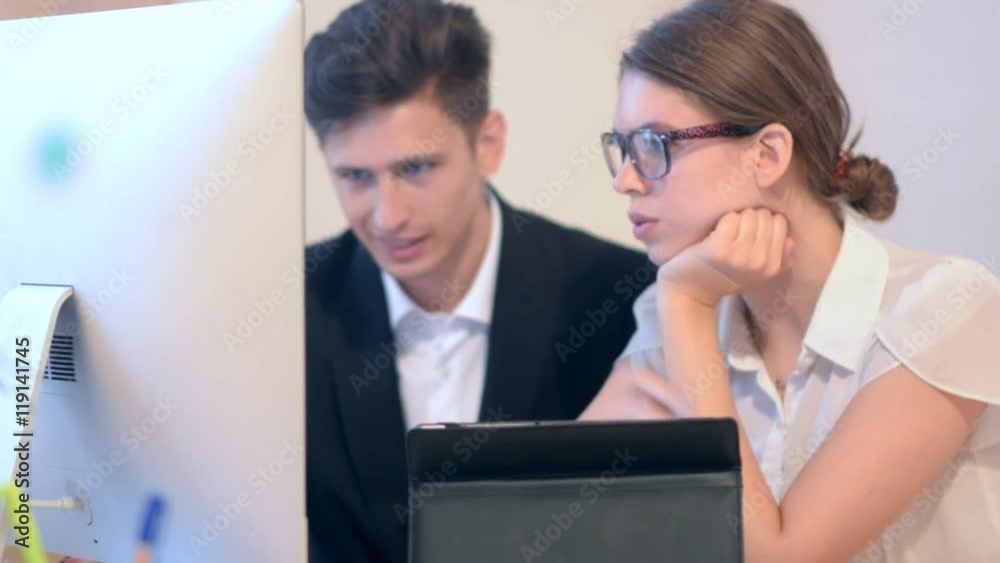 Work process of business woman and teammate businessman Work process of business woman and teammate businessman