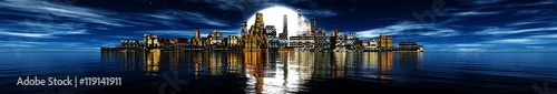 panorama of the city at night. Moon over skyscrapers. banner.  