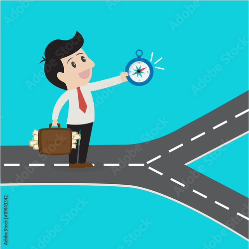 Business using compass choosing  way to success.Vector cartoon business concept.