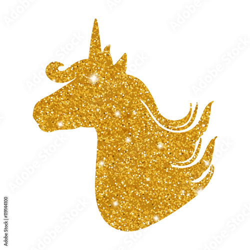 Colorful patch with unicorn gold glitter silhouette, bright colors. Background under clipping mask. Hand drawn vector Illustration for kid textile, pin, t-shirt print design. Fashion trend badge