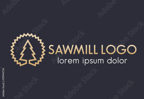 Sawmill logo line design, sawmill disk and tree outline, gold on dark