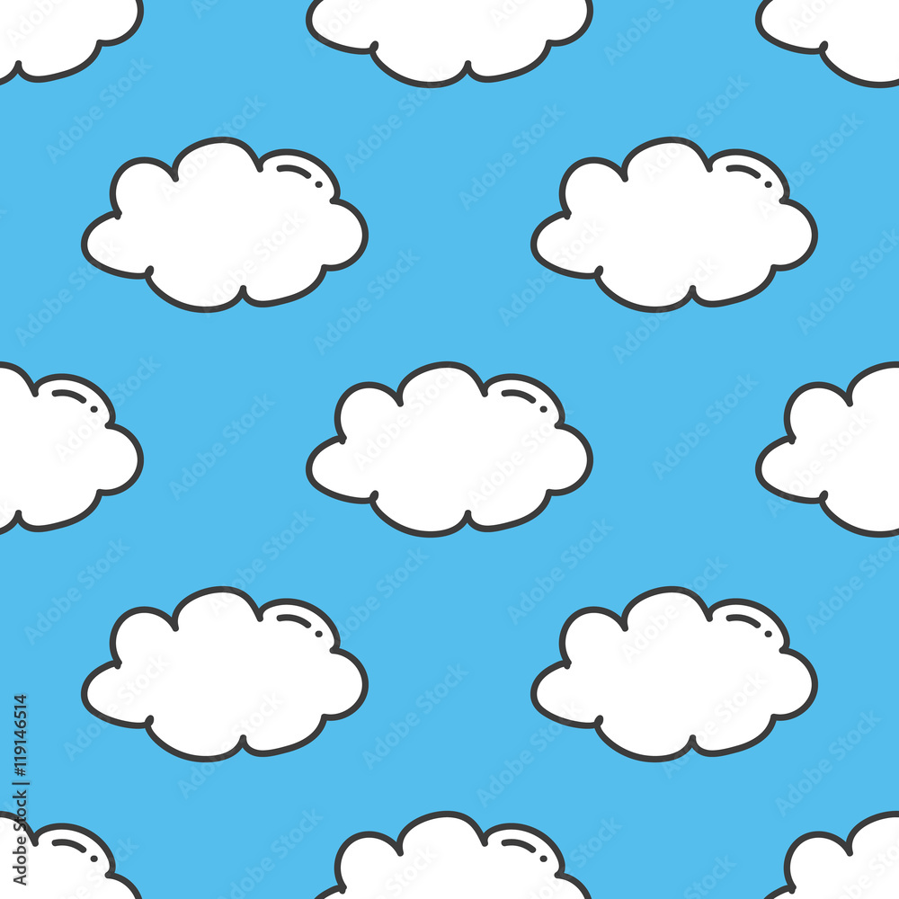 Cute doodle, hand drawn white clouds on blue sky seamless pattern background.