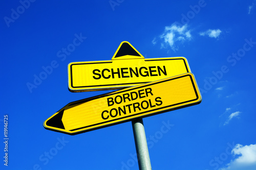Schengen or Border Controls - Traffic sign with two options - free movement of EU citizens in area of European union vs closing borders and re-established border-crossing and border guards