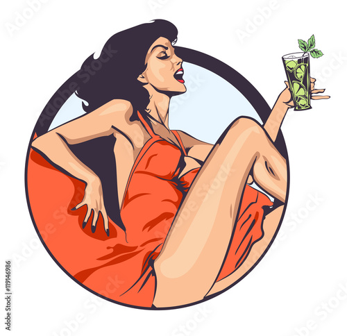 Lady with glass in her hand have fun. Retro vector design template