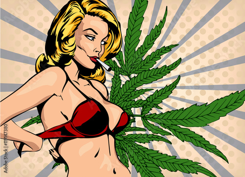 Design vector template with sexy lady undressing and cannabis leafs