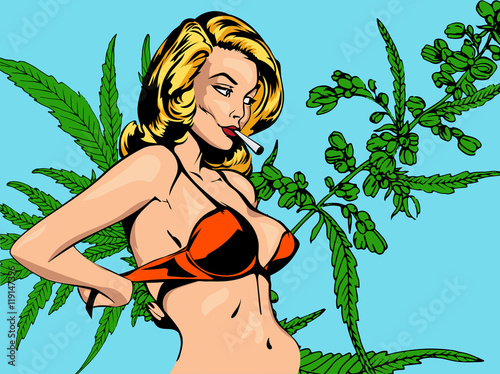 Design vector template with sexy lady undressing and cannabis leafs