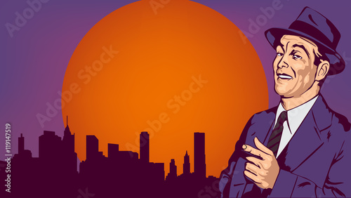 Retro man have fun and point the finger, on the cityscape, vector picture