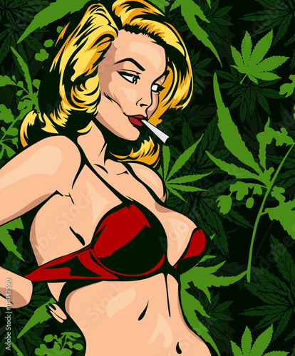 Design vector template with sexy lady undressing and cannabis leafs