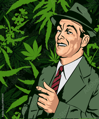 Retro man have fun and point the finger, cannabis leafs background, vector image