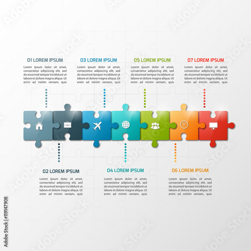 Vector 7 steps puzzle style timeline infographic template. Business concept.