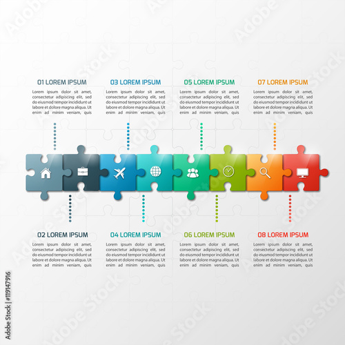 Vector 8 steps puzzle style timeline infographic template. Business concept.