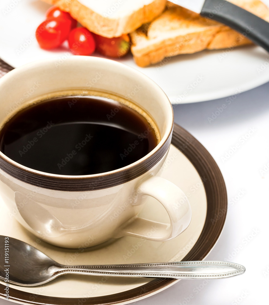 Breakfast Black Coffee Represents Morning Meal And Beverage