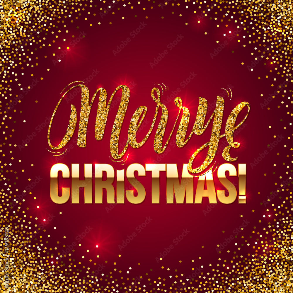 Christmas card Gold sparkles on Red background. Gold glitter and Calligraphy Background. Greeting Card X-MAS