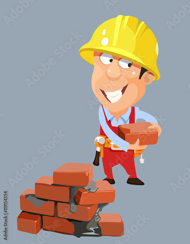 cartoon builder worker man in a helmet with bricks