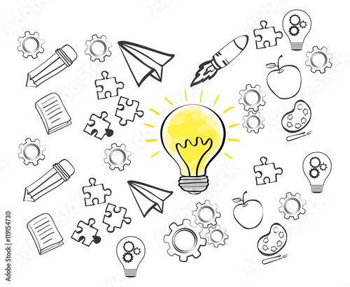 bulb rocket apple puzzle gear big and great idea creativity icon set. Sketch and draw design. Vector illustration