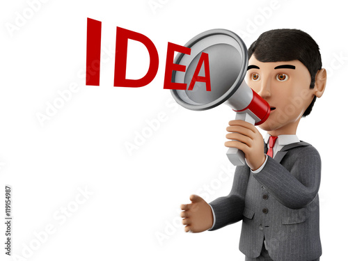 3d Businessman with a megaphone and word idea. photo