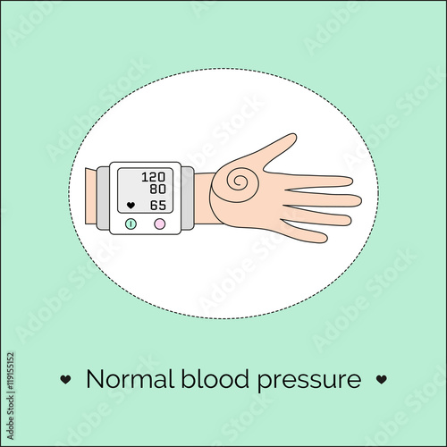 Vector illustration with hand and tonometer. Screen of automatic sphygmomanometer with indicators of normal blood pressure and heart rate.