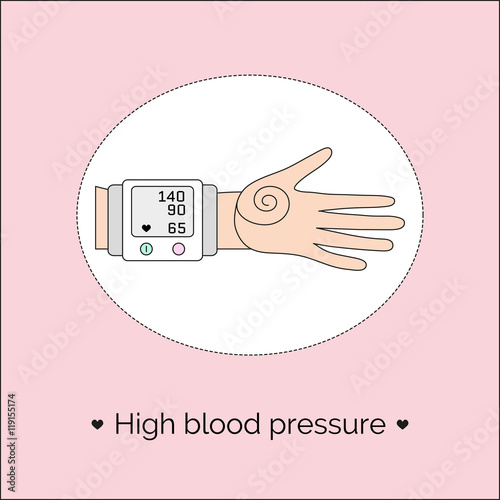 Vector illustration with hand and tonometer. Screen of automatic sphygmomanometer with indicators of low blood pressure and heart rate.
