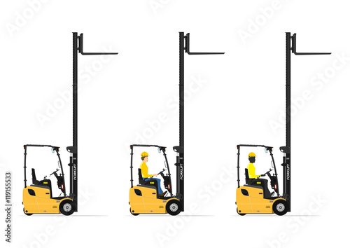 Three wheel electric counterbalance forklift on a white background. Set with the driver and without. Flat vector