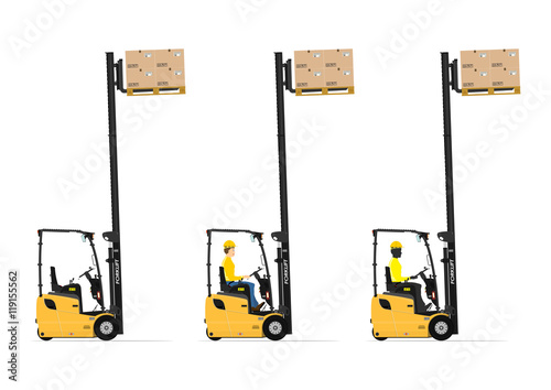 Three wheel electric counterbalance forklift on a white background. Set with the driver and without. Flat vector