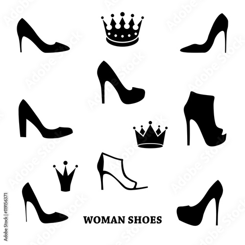 Set of woman shoes silhouettes with crowns.