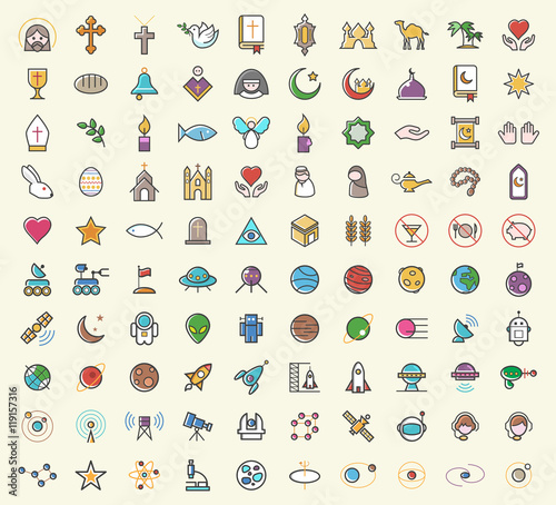 Set of 100 Minimalistic Solid Line Coloured Christian , Islamic and Space Icons. Isolated Vector Elements.